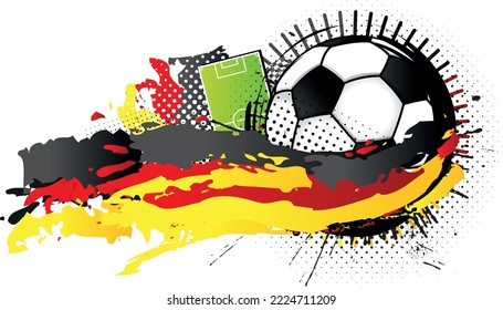 Black and white soccer ball surrounded by black, red and yellow spots forming the flag of Germany with a soccer field in the background
