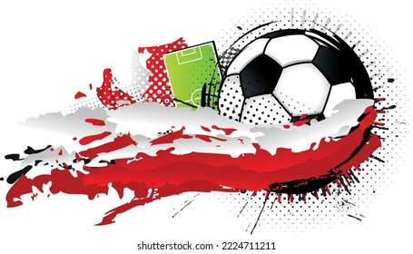 Schwarz-weißer Fußballball, umgeben von roten und weißen Flecken, die die Flagge Polens mit einem Fußballfeld im Hintergrund bilden