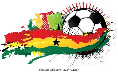 Black and white soccer ball surrounded by red, yellow and green spots forming the flag of Ghana with a soccer field in the background