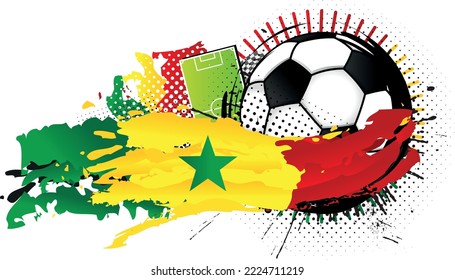 Black and white soccer ball surrounded by green, yellow and red spots forming the flag of Senegal with a soccer field in the background