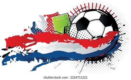 Black and white soccer ball surrounded by red, white and blue spots forming the flag of the Netherlands with a soccer field in the background
