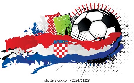 Black and white soccer ball surrounded by red, blue and white spots forming the flag of Croatia with a soccer field in the background