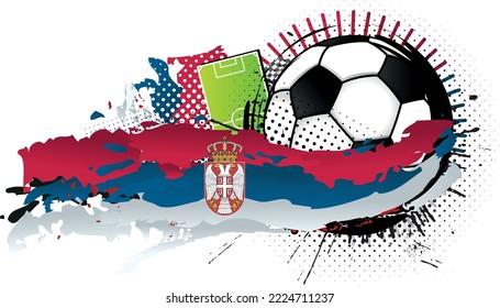 Black and white soccer ball surrounded by red, blue and white spots forming the flag of Serbia with a soccer field in the background