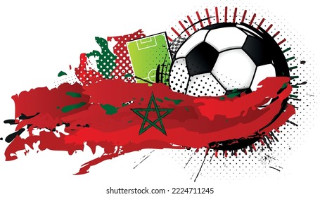 Black and white soccer ball surrounded by red and green spots forming the flag of Morocco with a soccer field in the background