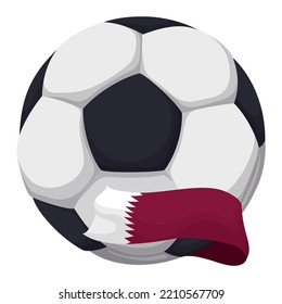 Black and white soccer ball wrapped with ribbon like Qatar flag in cartoon style.