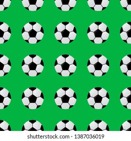 Black and white soccer balls on green seamless pattern. Football vector background. Sport competition theme cartoon style illustration. Easy to edit template for your design projects.