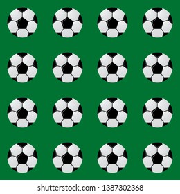 Black and white soccer balls on green seamless pattern. Football vector background. Sport recreation theme cartoon style illustration. Easy to edit template for your design projects.
