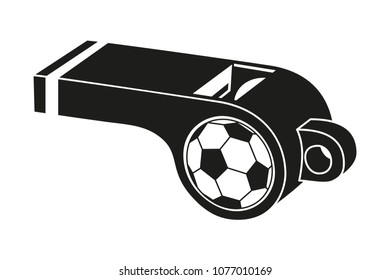 Black and white soccer referee whistle silhouette. Sport theme vector illustration for icon, sticker sign, patch, certificate badge, gift card, stamp logo, label, poster, web banner, flayer