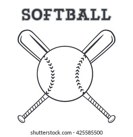 Black And White Softball Over Crossed Bats Logo Design. Vector Illustration With Text Isolated On White Background