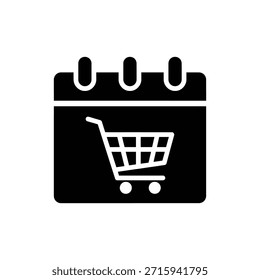 Icono de calendario sólido en blanco y negro con superposición de Carrito de compras