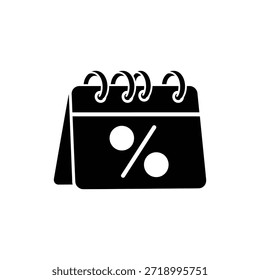 Icono de calendario sólido en blanco y negro con signo de porcentaje en su cara