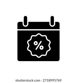 Black and white solid calendar icon displaying percentage discount symbol