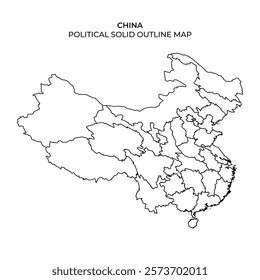 A black and white solid outline map of China displays its political boundaries. The distinct shape highlights various regions, enabling geographical understanding of the country.