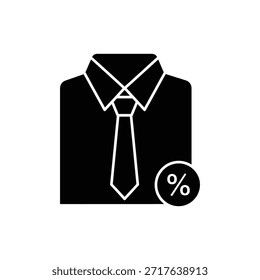 Black and white solid shirt and tie icon with percentage discount overlay