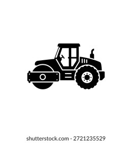 Black and white solid silhouette icon of road roller construction vehicle