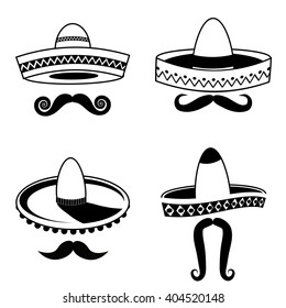 Black and white sombrero and mustache collection. EPS 10 vector perfect for advertising, poster, announcement, invitation, party, greeting card, fiesta, bar, restaurant, menu