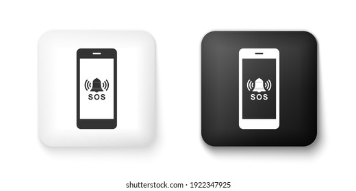 Icono de llamada SOS en blanco y negro aislado en fondo blanco. 911, emergencia, ayuda, advertencia, alarma. Botón cuadrado. Vector.