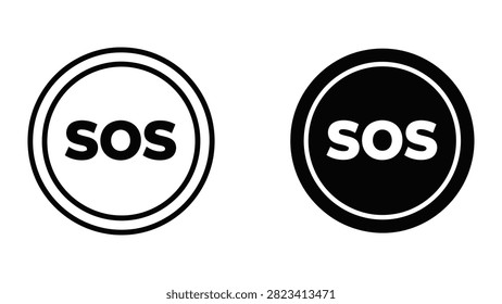 Black and white SOS emergency button icons for distress signals and help requests.