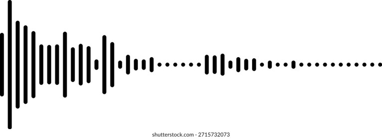 Black and white sound wave visualization graphic, audio waveform representation of a short sound burst or signal