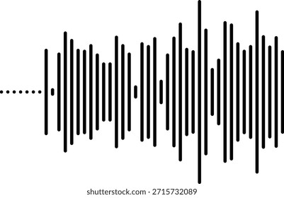 Visualização da onda sonora em preto e branco do sinal de áudio ou ritmo musical, representação gráfica abstrata da frequência e amplitude do som
