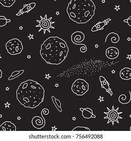 Black and white space. Doodle seamless pattern. Vector illustration. Planets, UFO, rocket, stars isolated on a black background.