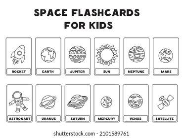 Black and white space flashcards for kids. Vector illustrations of solar system planets with their names.