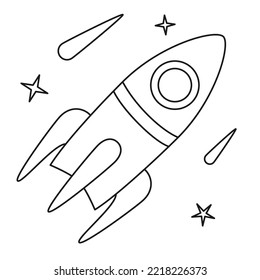 Black and white space rocket among stars and meteors Science exploration themed vector illustration for icon, emblem, poster, site or article decoration