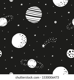 Black and white space seamless pattern with doodle stars and planets.