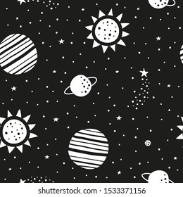 Black and white space seamless pattern with doodle sun, stars and planets.