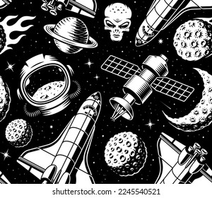 Espacios blancos y negros sin fisuras en estilo vintage con elementos de diseño como asteroide, casco astronauta, satélite, alienígena de cabeza