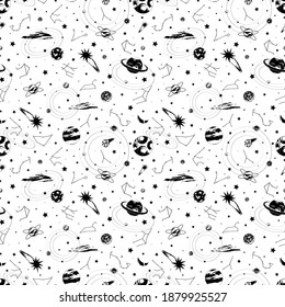 Black and white space seamless vector pattern with planets, constellations, stars, orbits, asteroids and comets. Flat style galaxy repeat background or wallpaper.