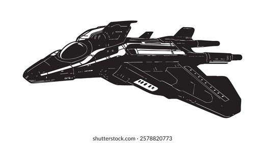 A black and white space ship with a white background