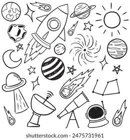 Black and white space theme illustration, including rockets, planets, stars, and other celestial objects. Perfect for educational materials, science projects, and creative designs. Vector image.