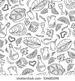 Black and white spanish food seamless pattern. Hand drawn food and drinks background. Line art coloring design seamless texture. 