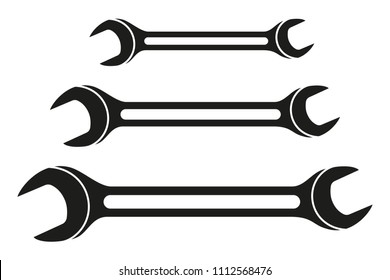 Black and white spanner silhouette set. Handyman tools for home repair. Maintenance themed vector illustration for icon, logo, sticker, patch, label, sign, badge, certificate or flayer decoration