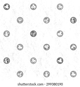 Black and white sparse pattern with zodiac signs, cartoon illustrations over a grungy background