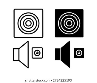 Black and white speaker with concentric circles and mute symbols