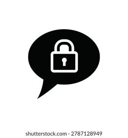 Black and white of a speech bubble containing a closed padlock symbol representing secure communication, private messaging, encrypted chat, or confidential data transmission on white background