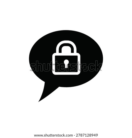 Black and white of a speech bubble containing a closed padlock symbol representing secure communication, private messaging, encrypted chat, or confidential data transmission on white background