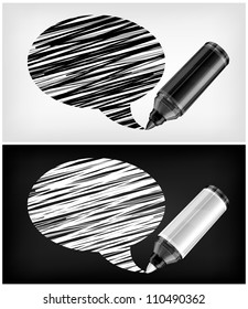 Black and white speech bubbles and felt tip pens, vector illustration