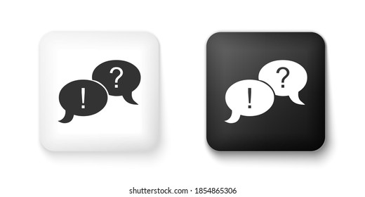 Black and white Speech bubbles with Question and Exclamation marks icon isolated on white background. FAQ sign. Copy files, chat speech bubble. Square button. Vector.
