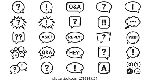 Black and white speech bubbles with question and exclamation marks