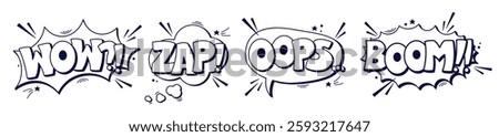 Black and white speech bubbles wow zap oops boom.
