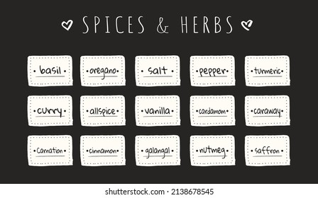 Black and white spices and herbs stickers or food labels for labeling kitchen jars, containers, packages and more. Collection of rectangular frames. Vector illustration