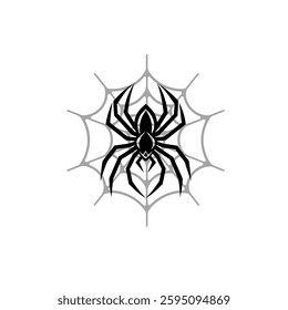 black and white spider logo with web