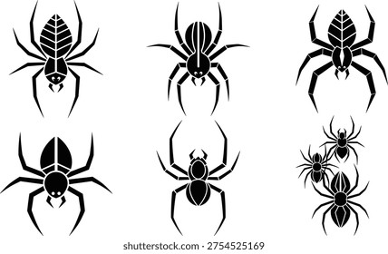 Black and white spider vector silhouette collection featuring various arachnid species for nature wildlife Halloween spooky biology and entomology graphic design projects.