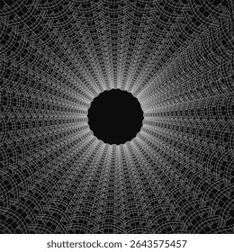 A black and white spider web forms an abstract tunnel illusion with a central hole, creating depth and mystery. The intricate radial pattern draws the eye inward, blending organic texture with.