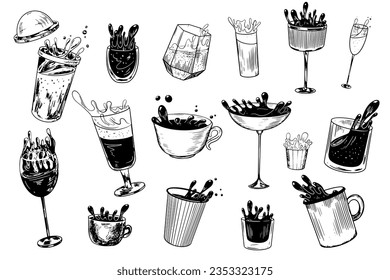 Black and white сup of spilled coffee. Different spilled drinks. Splash of wine, tea, cocktail, whiskey. Alcoholic drinks with splash. Beverage drawing with hatching. Sketch style drinking glasses