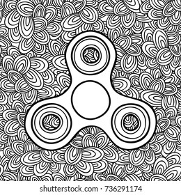 Black and white spinner on the doodle background. Vector illustration for coloring book.