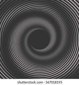 Black and white spiral abstract halftone dots background. Vector illustration
